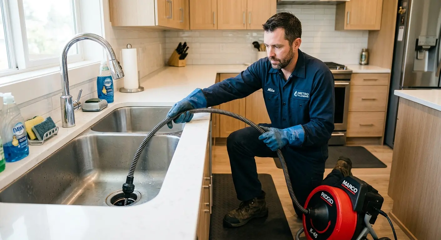 Drain cleaning technician using a motorized snake on a kitchen sink in Attalla