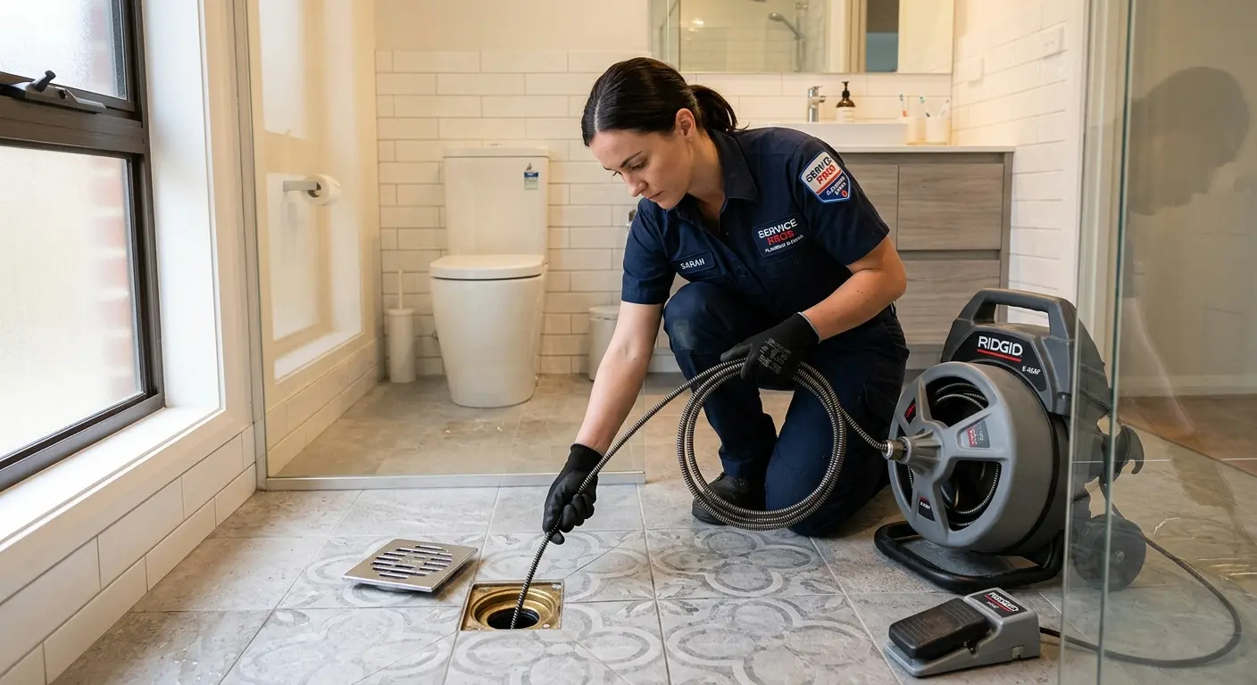 Technician clearing a bathroom floor drain for Drain Repair in Attalla